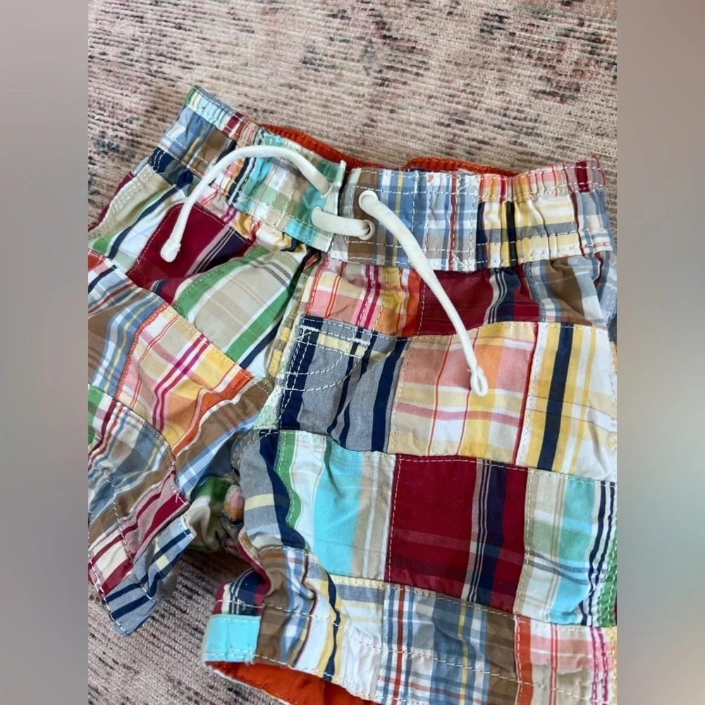 GAP baby madras plaid Swim Trunks with Playful Patchwork Design